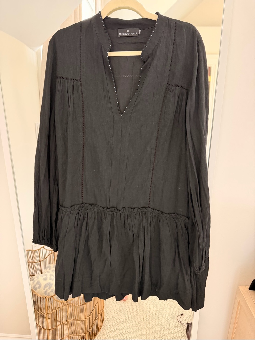 Tuckernuck Pomander Place Black Tiered Mini Dress | Beaded V-Neck | Long Sleeve